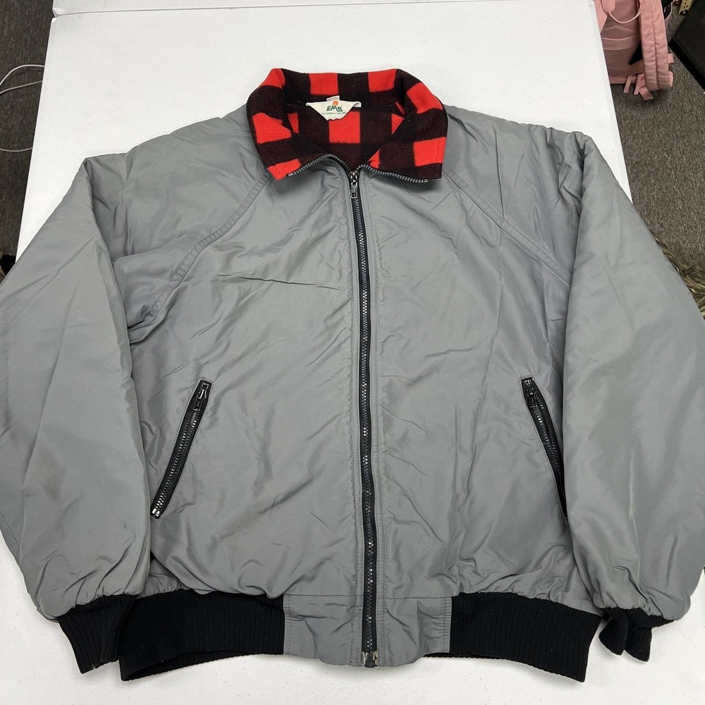 EMS Bomber Jacket Mens Large Grey Red Buffalo Plaid Polar Fleece Lined Vintage
